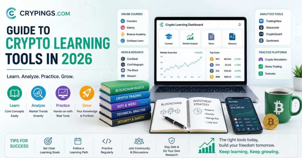 Crypto learning tools 2026 guide with dashboard, trading, and courses