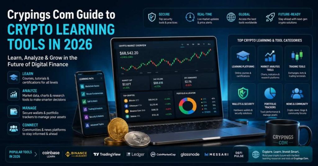 Crypings Com guide to crypto learning and trading tools infographic