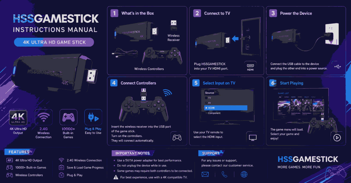 HSSGAMESTICK instructions manual for 4K retro gaming setup guide