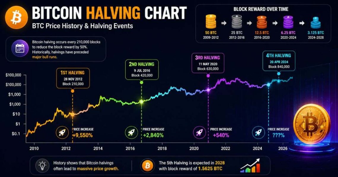 Bitcoin Halving Chart showing BTC price history