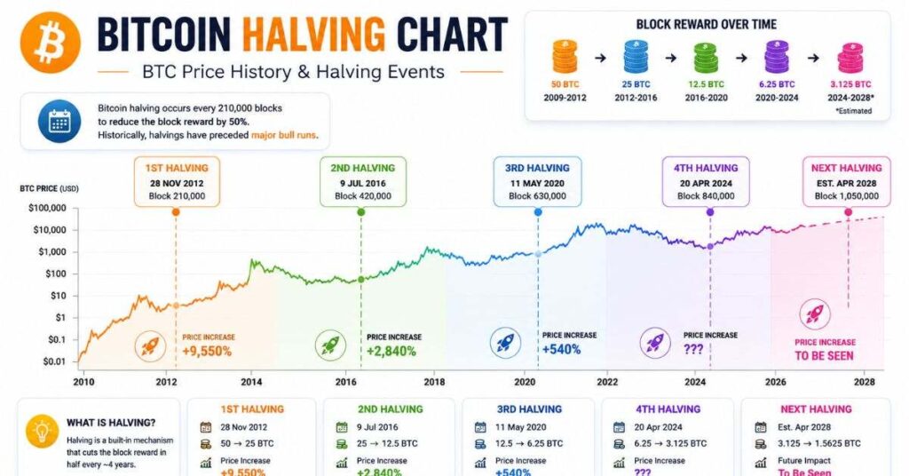 Bitcoin Halving Chart with 4 cycles and ATH data